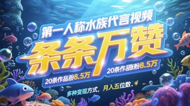 第一人称水族代言视频，条条万赞，20条作品涨粉7.8W，多种变现方式月入五位数-小艾项目网